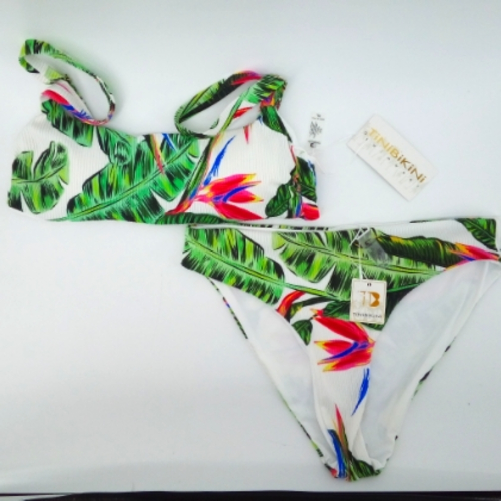 NWT TiniBikini Swimwear Set Top Bottom Palm Leaves Leaf Floral Island Ribbed XL